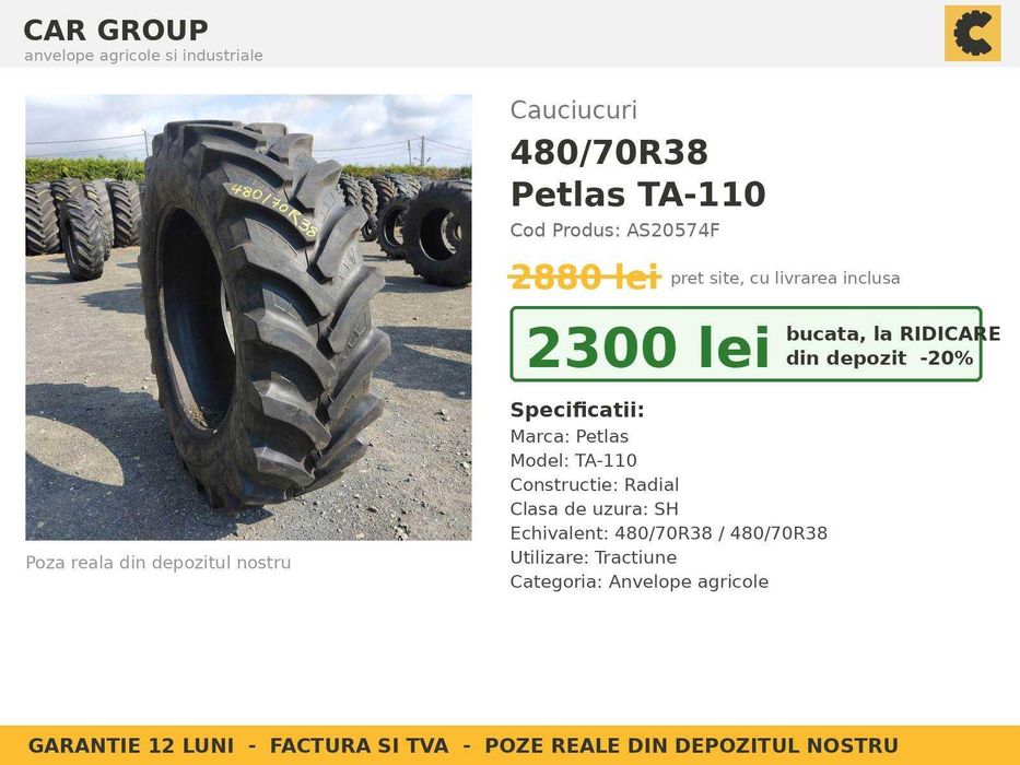 ANVELOPE 480/70R38 Petlas TA110 Cauciucuri Tractor Spate 4x4 New Holland Case Landini Same SH GARANTIE Factura TVA Livrare