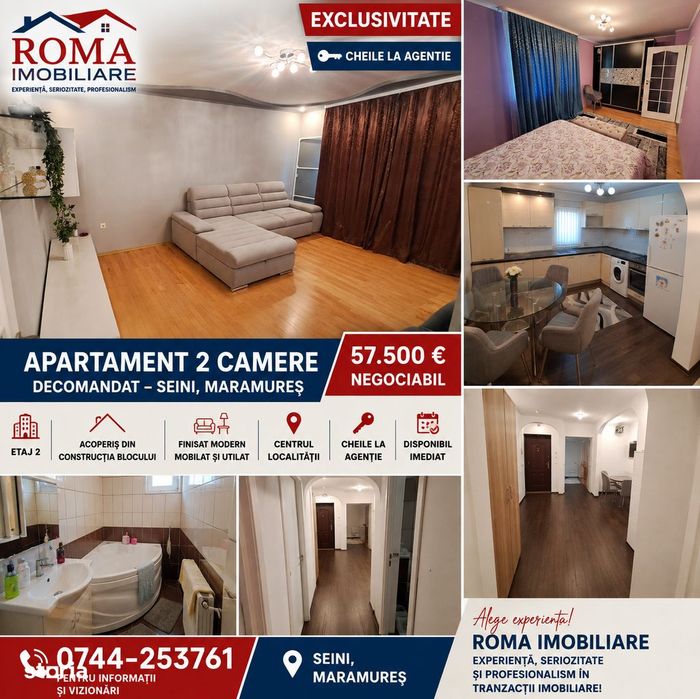 Seini / Central  apartament 2 camere decomandat  – mobilat și utilat