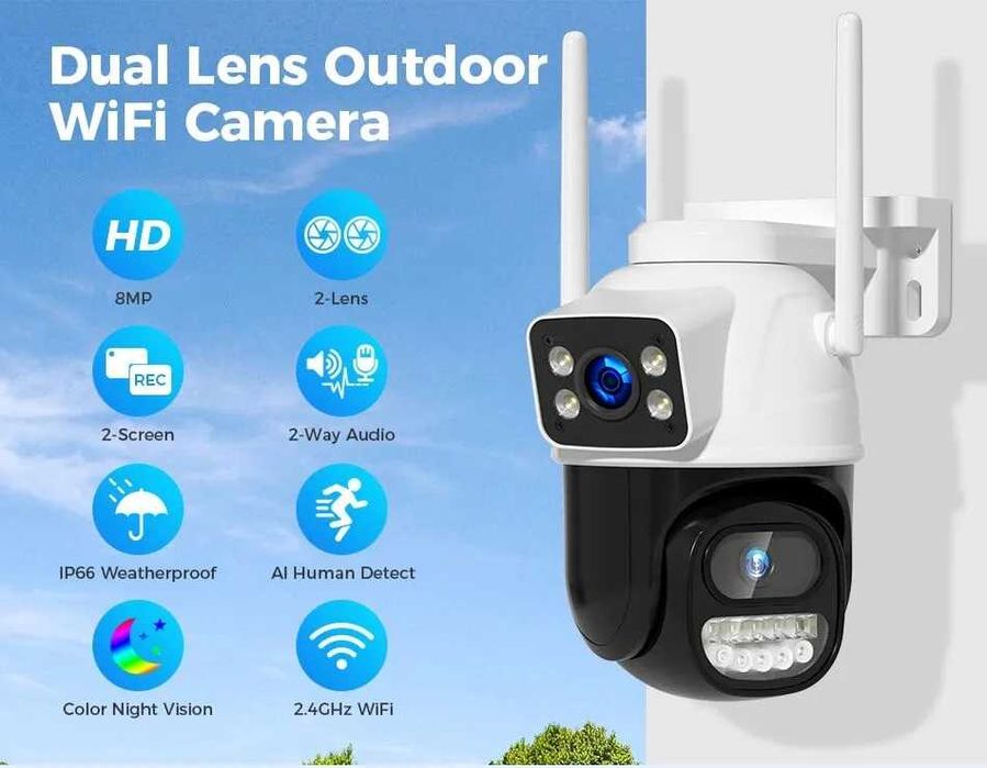 4K 8MP Външна WiFi PTZ Безжична Камера Двоен обектив ,Нощно виждане