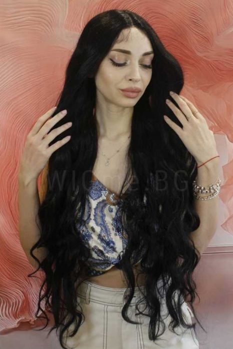 Дълга черна къдрава лейс фронт перука Касимира