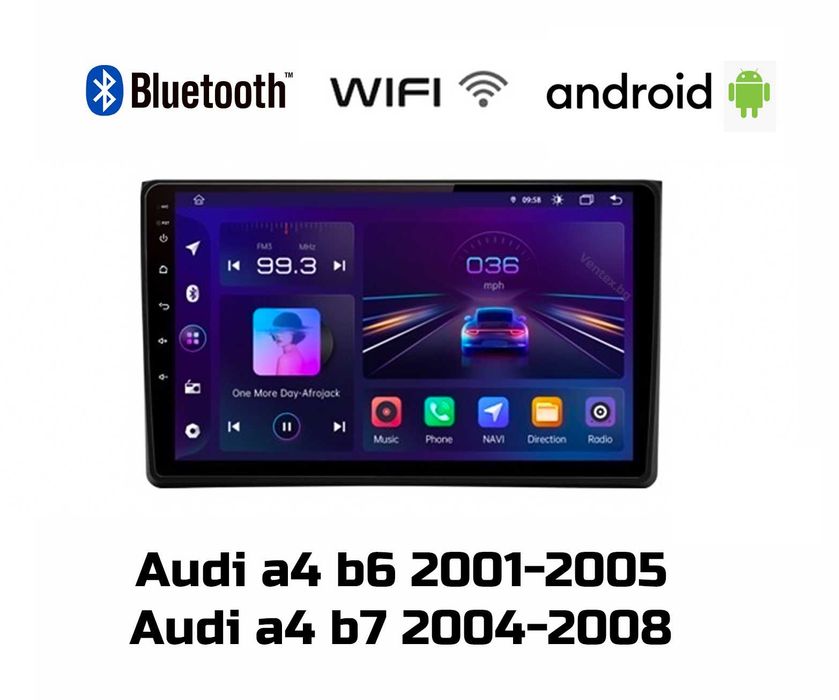 Мултимедия за Audi A4, B6, B7, Андроид, Ауди А4, навигация, WAZE, Carplay, Android Auto, A4 2DIN, 2002, 2003, 2004, 2005, 2006, 2007, 2008, година