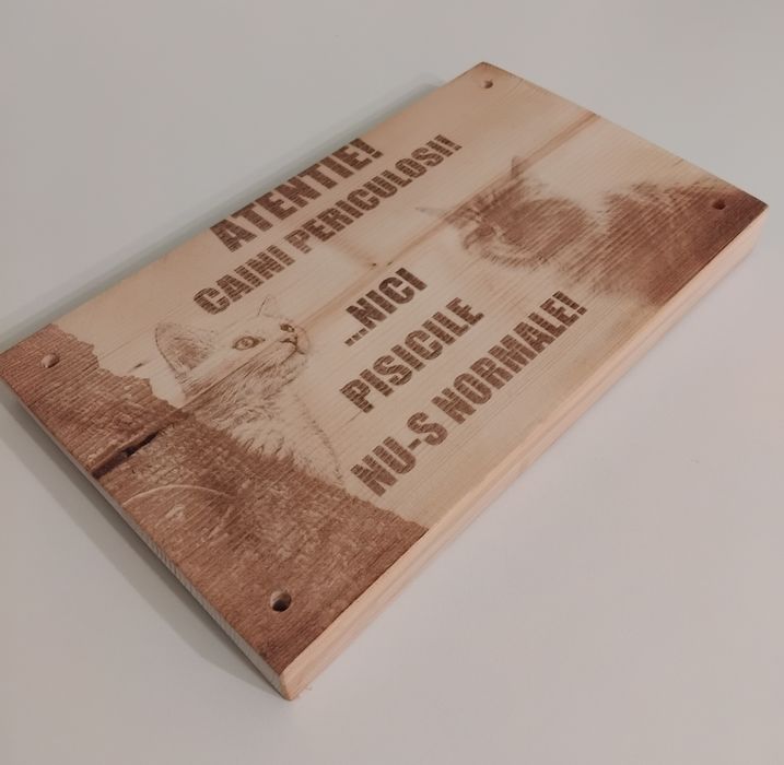 Placă din lemn cu avertizare – „Câini periculoși, dar nici pisicile nu