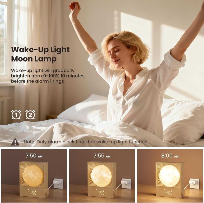 Lampa Luna Rotativa cu Alarma Sunrise Ceas Digital RGB Sunete Natura