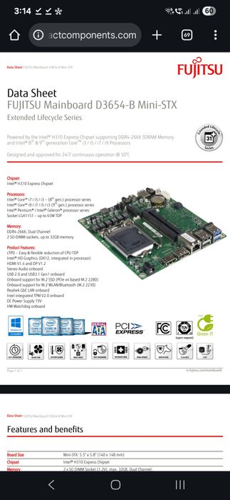 Placa de baza FUJITSU D3654-B Mini-STX Procesor i5 8400 16 gb ram