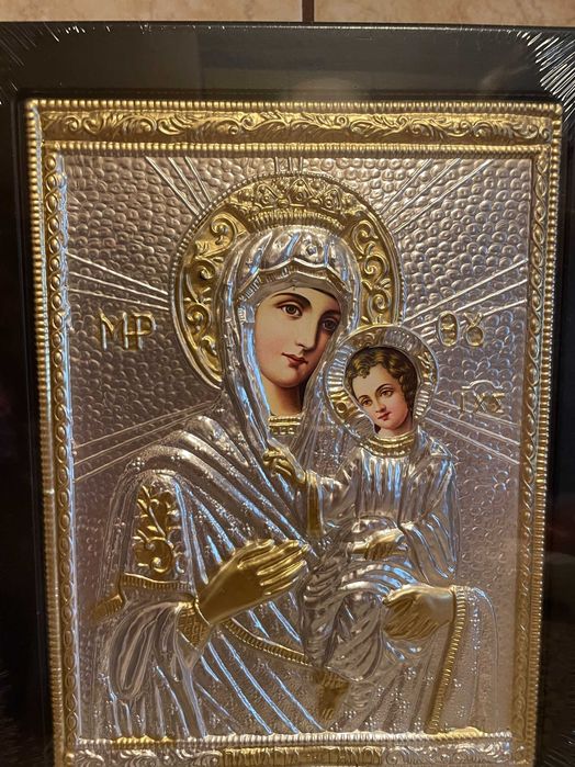 icoana argintata icoana veche maica domnului dim 30x40 icoana metal