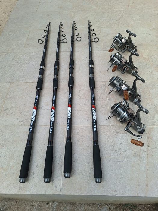 Set 4 Lansete Telescopice Carbon Echo 3.90m + 4 Mulinete Sert Exuder (8 Rulmenți)