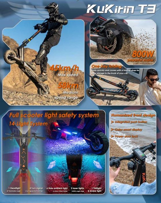 Noua Sigilata‼️ Kukirin T3‼️ 2026‼️Motor 800W, 50-55 Km/h, Lumini Ambientale RGC, Cheie Contact, Design deosebit Lumini Laser laterale,