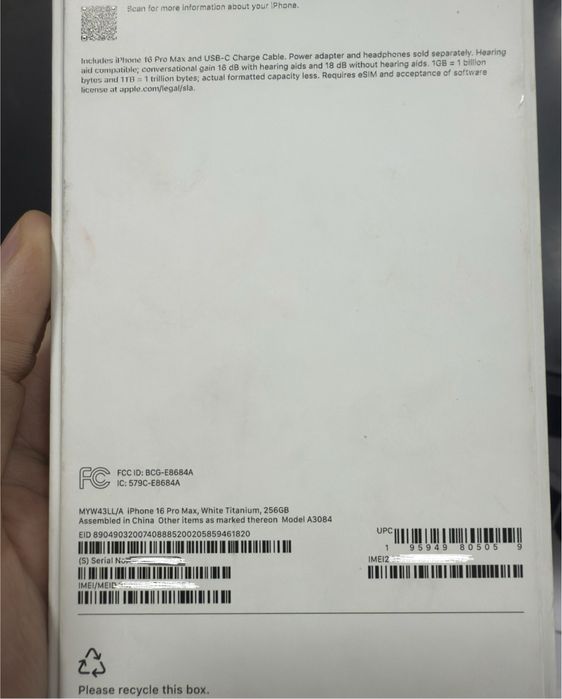 iPhone 16 Pro Max 256 White  LL/A 1 Sim Turbo sim