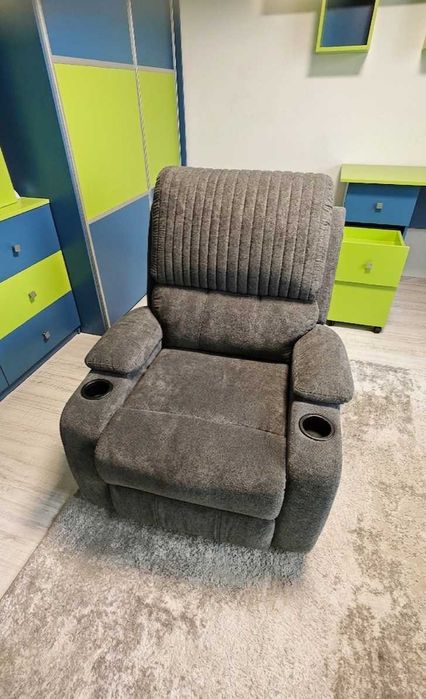 Fotoliu Recliner Premium cu Suport de Pahar – Material Textil Gri