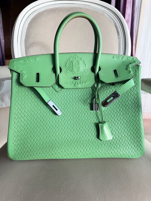 Geantă vintage din piele verde mentă, stil Birkin, colecție veche