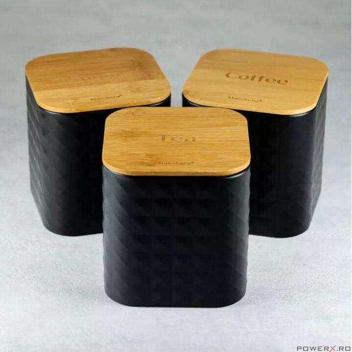 Set 3 recipiente pentru bucatarie, inox-bambus, negru cu irizatii,
