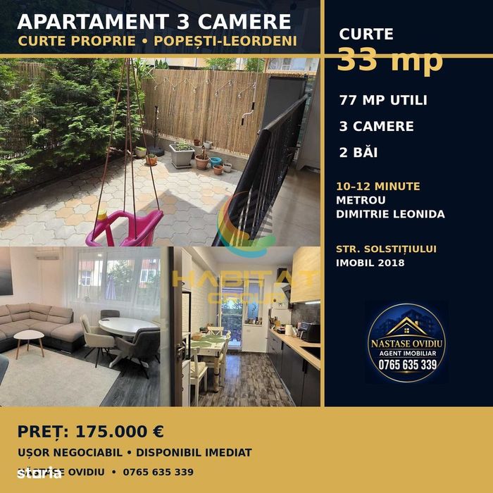 Apartament 3 camere cu curte proprie de 33 mp Metrou Dimitrie Leonida!
