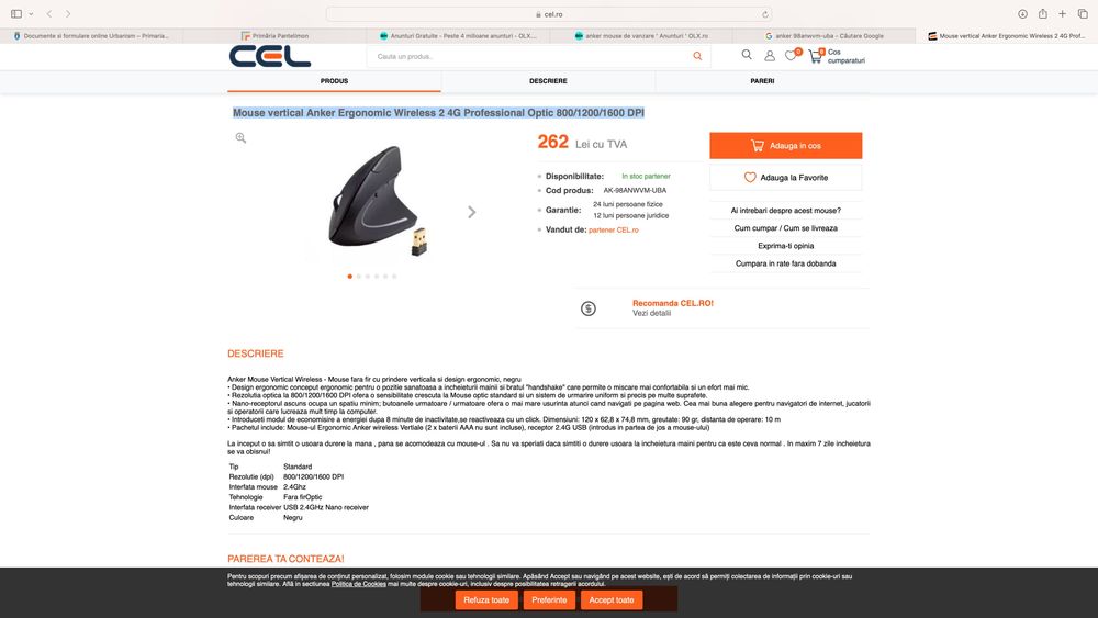 Mouse vertical Anker Ergonomic Wireless Professional Optic