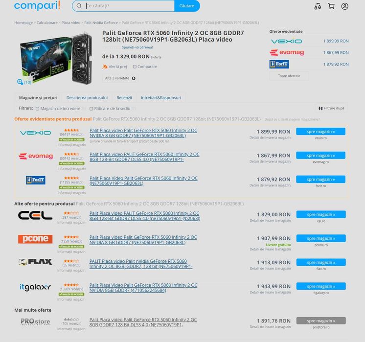 Placa video Palit GeForce RTX 5060 Infinity 2 OC 8GB GDDR7 128-bit