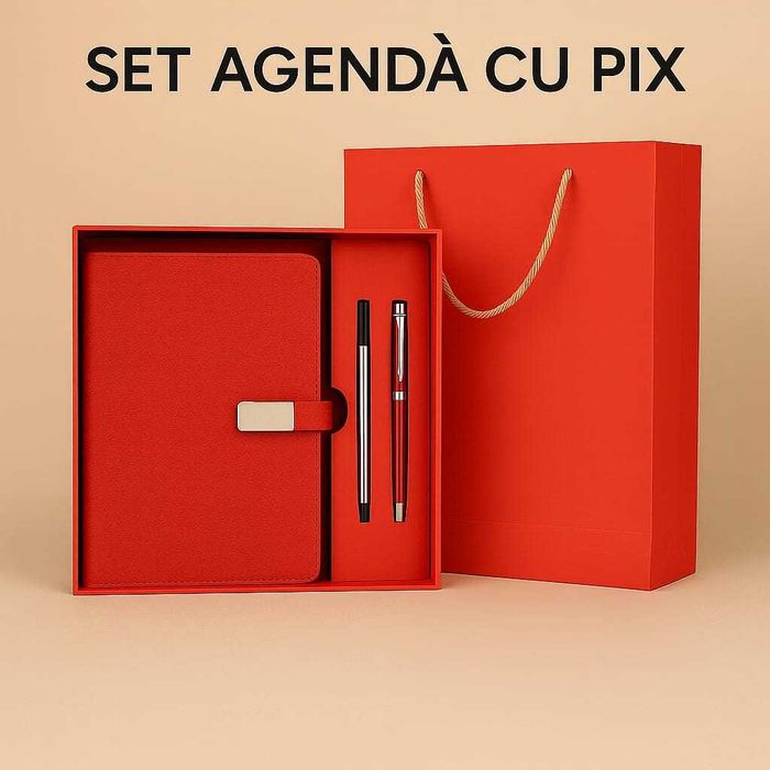Set cadou agendă + pix + rezervă pix + cutie și pungă