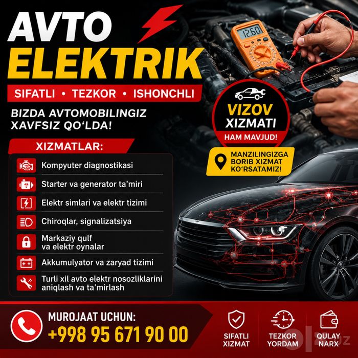 Avto elektrik Diagnostika Vizov xizmati Moshina ochish xizmati
