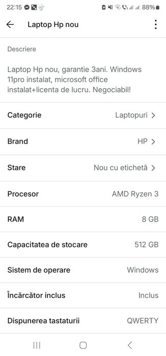 Laptop HP 15‑fc0029nq, 15,6” Full HD, AMD Ryzen 3, 8GB RAM, 512GB SSD