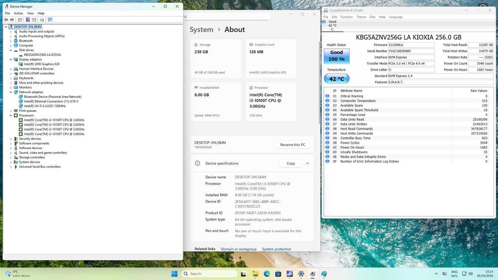 Lenovo ThinkCentre M70q Tiny Desktop i3-10100T/PCIe 256GB/8GB/Гаранция 08.2027