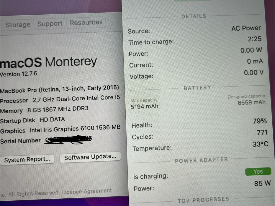 MacBook Pro 13 ,2015, 8GB RAM,256 GB SSD,model A1502