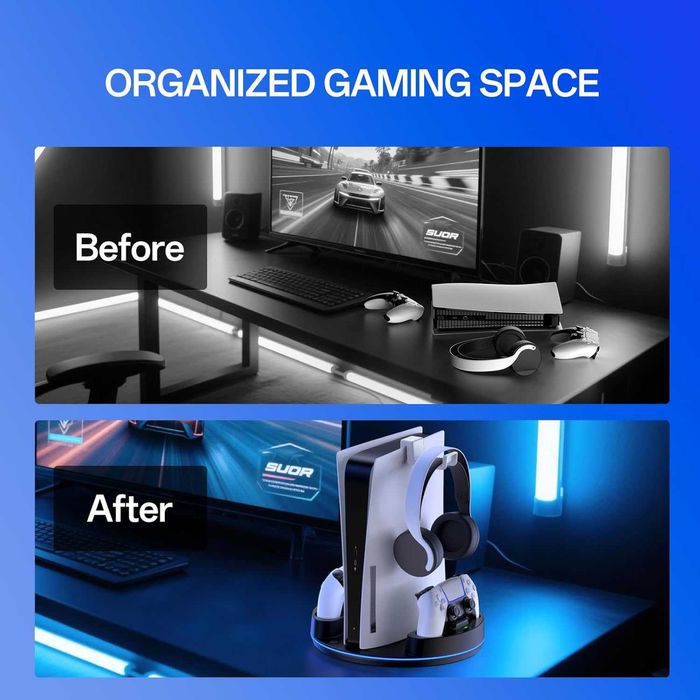 NEWDERY Вертикална стойка за PS5 /PS5 Slim/PS 5 Pro, RGB светлина