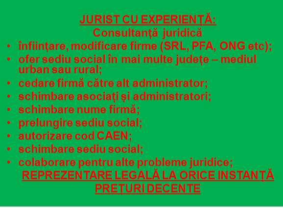Înființare firme,SRL, PFA, II, ONG, sediu social - preturi rezonabile
