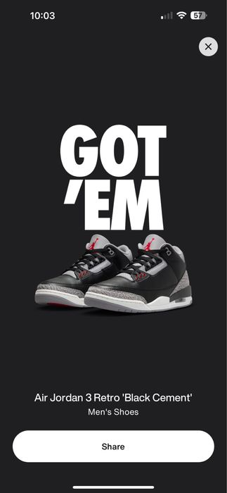 Nike Air Jordan 3 Black Cement - EU 47 / UK 11,5 / US 12,5