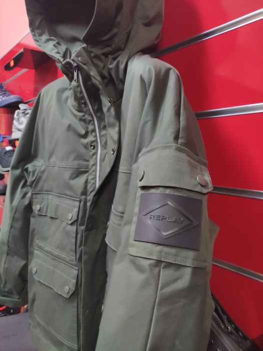 Оригинално яке Replay L къса парка водоустойчиво зелено