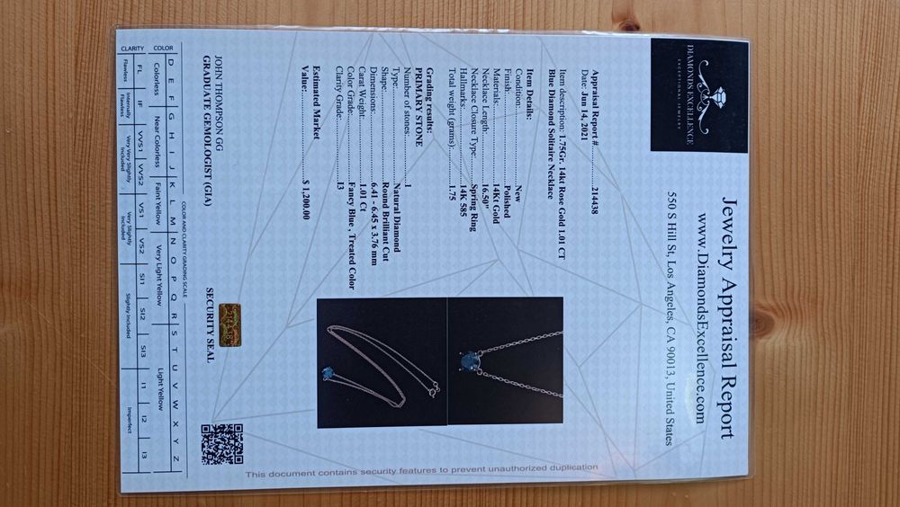 Ново Златно Колие с 1.01кт Естествен Син Диамант