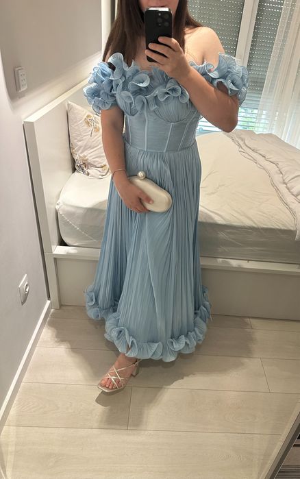 Rochie elegantă bleu pastel, cu aplicații florale 3D