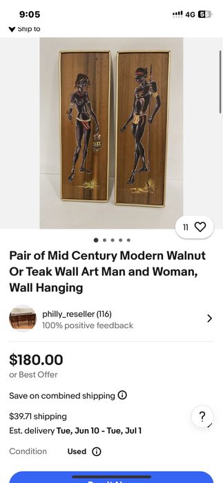 Комплект винтидж стенни пана, ръчно рисувани върху орехово дърво