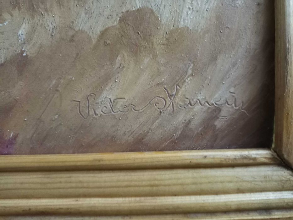 Tablou "Peisaj de toamna" , lucrat in ulei, cu cutitul pe carton