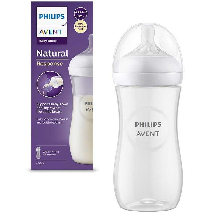 Biberon Philips Avent Natural Response SCY906/01, 330 ml, tetina care functioneaza ca sanul mamei,cu debit 4,tetina fara scurgeri,+6 luni,fara BPA,etc