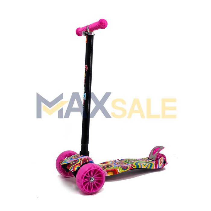 Триколка детска тротинетка с 3 светещи колела розов многоцветно колело