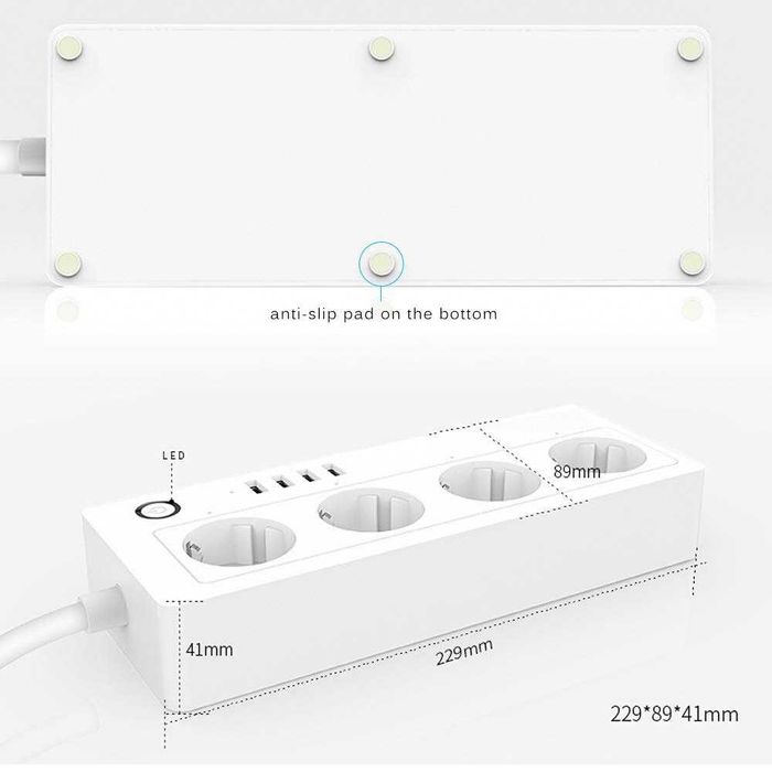 Tuya WiFi smart разклонител 16А с 4 EU гнезда, 4 USB, Smartlife