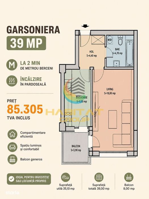 Vânzare Garsoniera 39 mp  Popești Leordeni Metrou Berceni