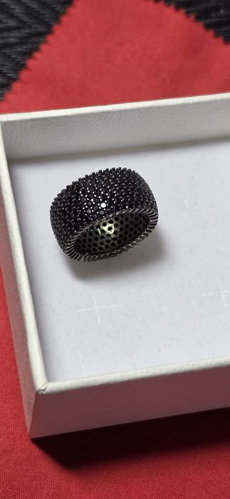 Inel lat din argint rodiat negru cu onix fațetat,10 mm