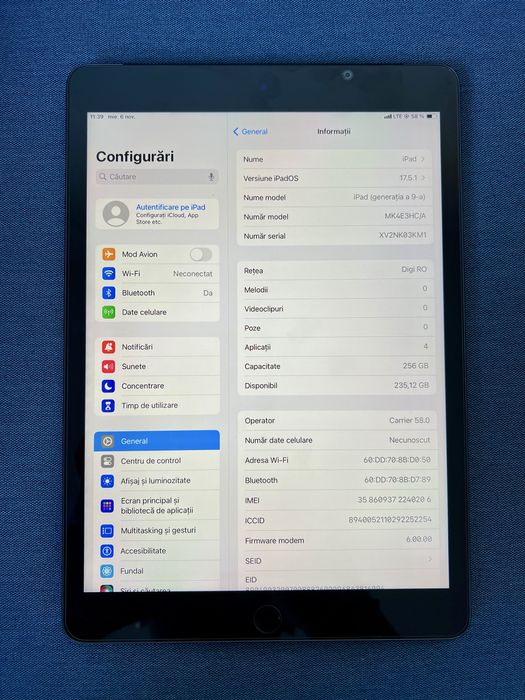 Tableta APPLE iPad 9th, 10.2", 256GB, Wi-Fi, Cellular SIM 4G, ca nou