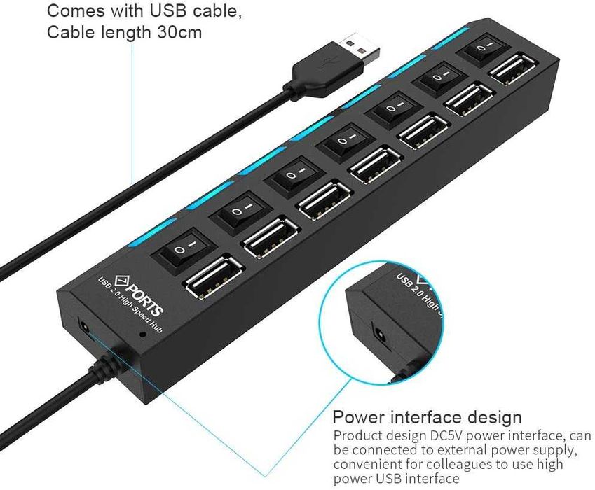 USB разклонител 2.0 7в1 тип хъб с превключватели