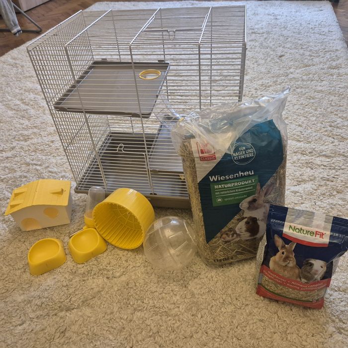 Cușcă hamsteri (3 niveluri) + Pachet complet accesorii, hrană și fân