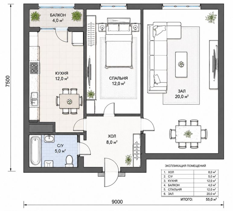 O‘rikzor Residence, 2 хонали, 55 м², янги новостройка 2/12/16