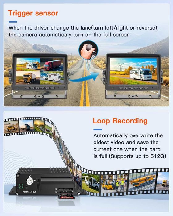 4-канален 1080P H.265 автомобилен мобилен DVR, 7-инчов VGA монитор