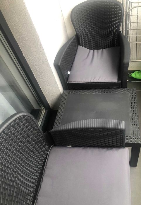 Set mobilier balcon/terasă (2 fotolii + măsuță), aspect ratan, antracit