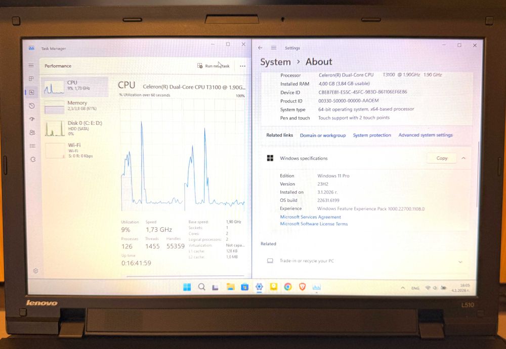Лаптоп Lenovo L510 4GB RAM, 250GB HDD