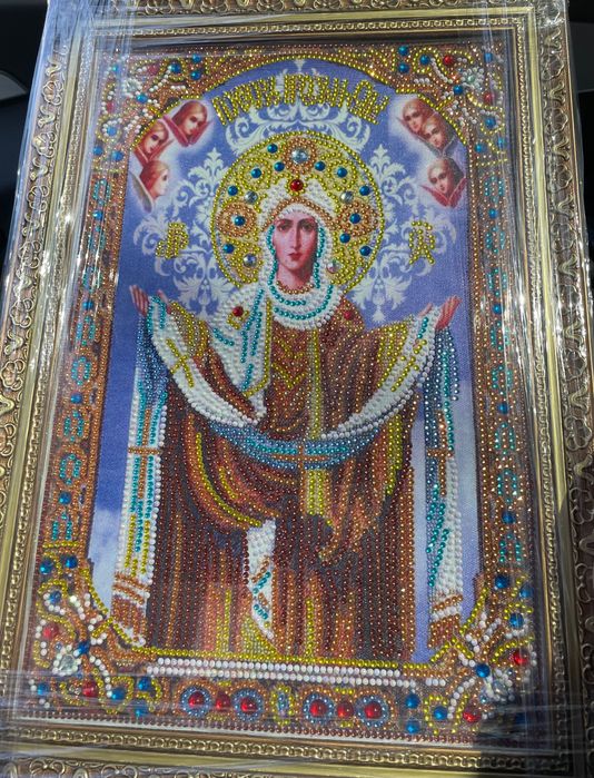 Icoana Acoperamantul Maicii Domnului tip goblen cu pietricele l.Manual