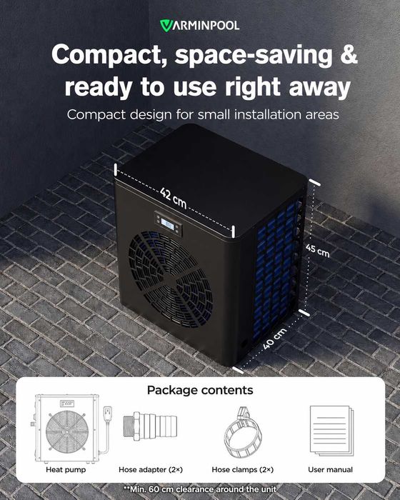 Нова Термопомпа за басейн 5.4 kW VARMINPOOL, отопление/охлаждане, WiFi