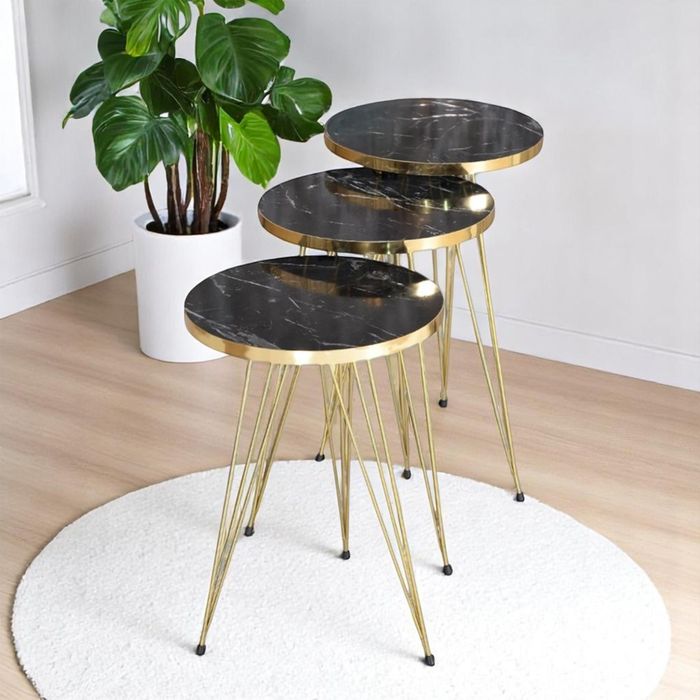 Комплект 3 маси за кафе, помощна масичка - черно/ златно