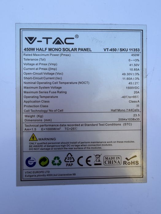 Panou solar 450 w mono V Tac casa gradina rulota Nou Sigilat