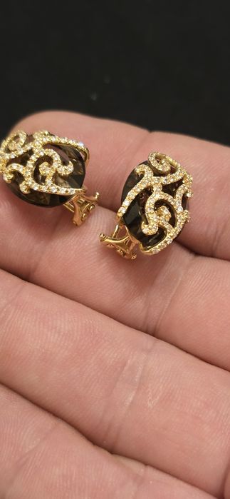 Cercei aur 18 k quartz fumuriu