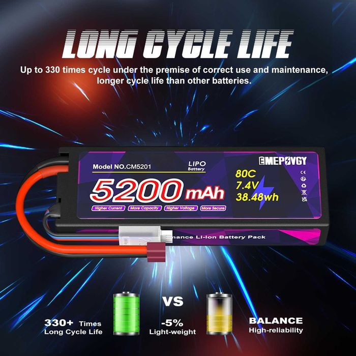 Baterii Lipo 7.4V 2S 5200mAh 80C Lipos, conector T  vehicule RC 1/8 1/10,pachet 2buc,sigilat