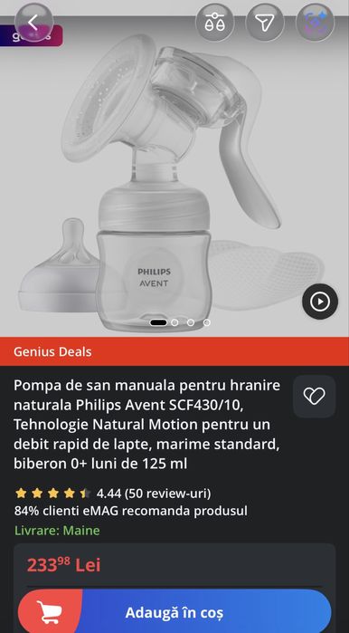 Pompa de san manuala pentru hranire naturala Philips Avent
